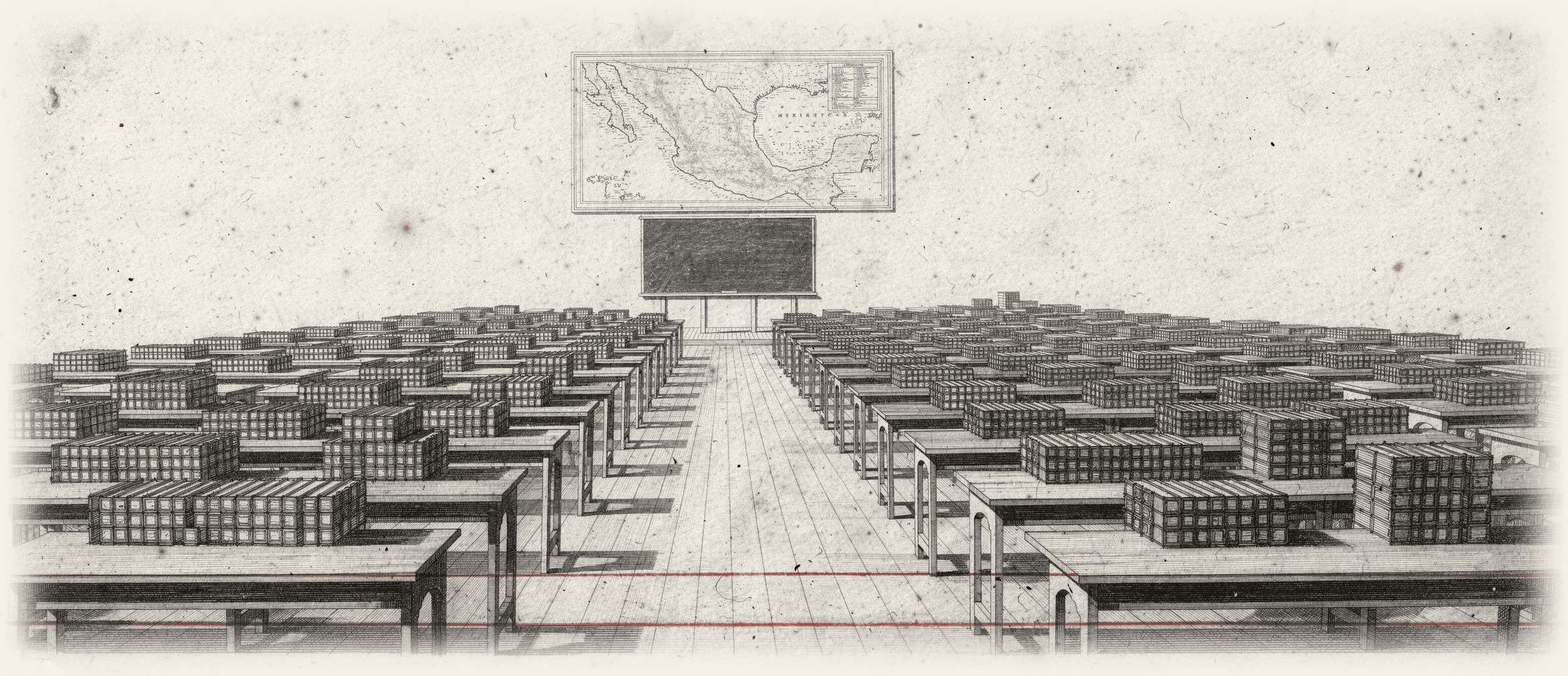 Grabado: un aula inmensa de pupitres con expedientes apilados frente a un mapa de México